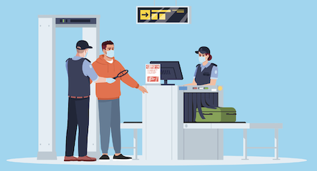 Illustration d&rsquo;un passager &agrave; un point de contr&ocirc;le de la s&eacute;curit&eacute; a&eacute;roportuaire avec deux agents de contr&ocirc;le, un qui se trouve derri&egrave;re un &eacute;quipement d&rsquo;inspection et l&rsquo;autre qui utilise un d&eacute;tecteur de m&eacute;tal. Ces trois personnes portent des masques.