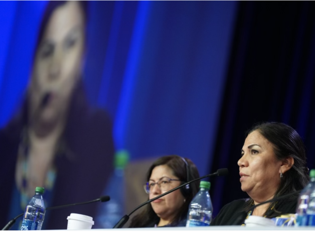 Image : Deux femmes se trouvent en bas à droite du cadre, assises avec des microphones sur la table devant elles. Une projection floue des orateurs sur un grand écran se trouve à l'arrière-plan derrière elles.