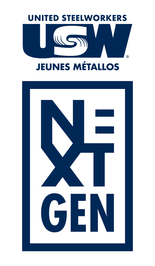 An image with two logos on top of each other. The logo on top says 'Unites Steelworkers USW Jeunes Métallos' and the logo underneath says 'Next Gen'