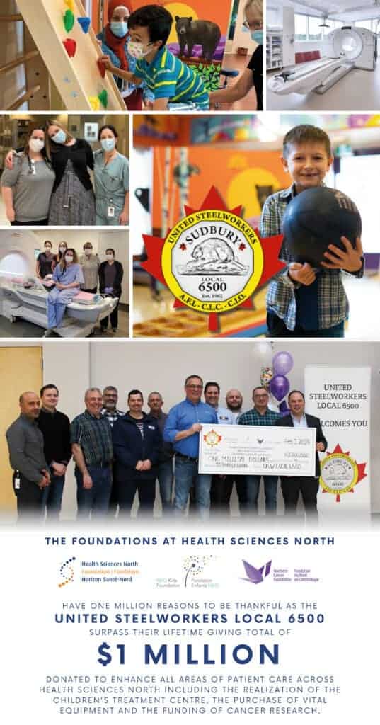 A collage image of patients at a hospital and medical devices. At the bottom is a group of people holding a life-sized donation cheque to the hospital. There is text at the bottom that says '