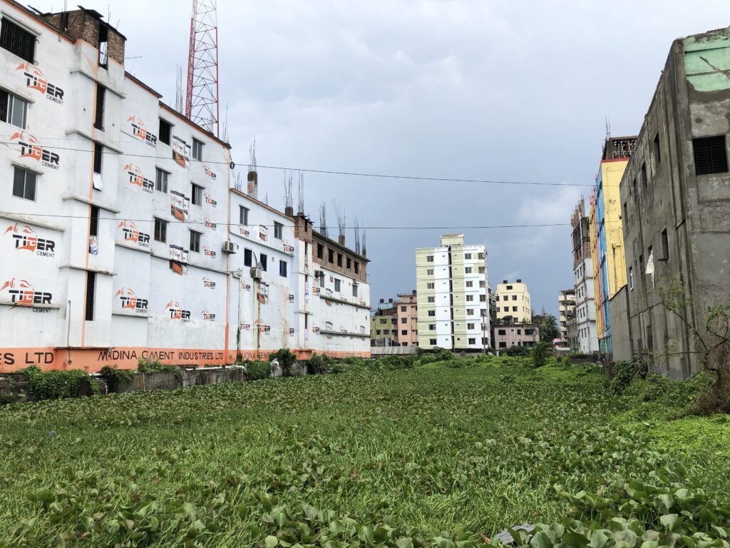A vacant land full with grass and surrounded by buildings.