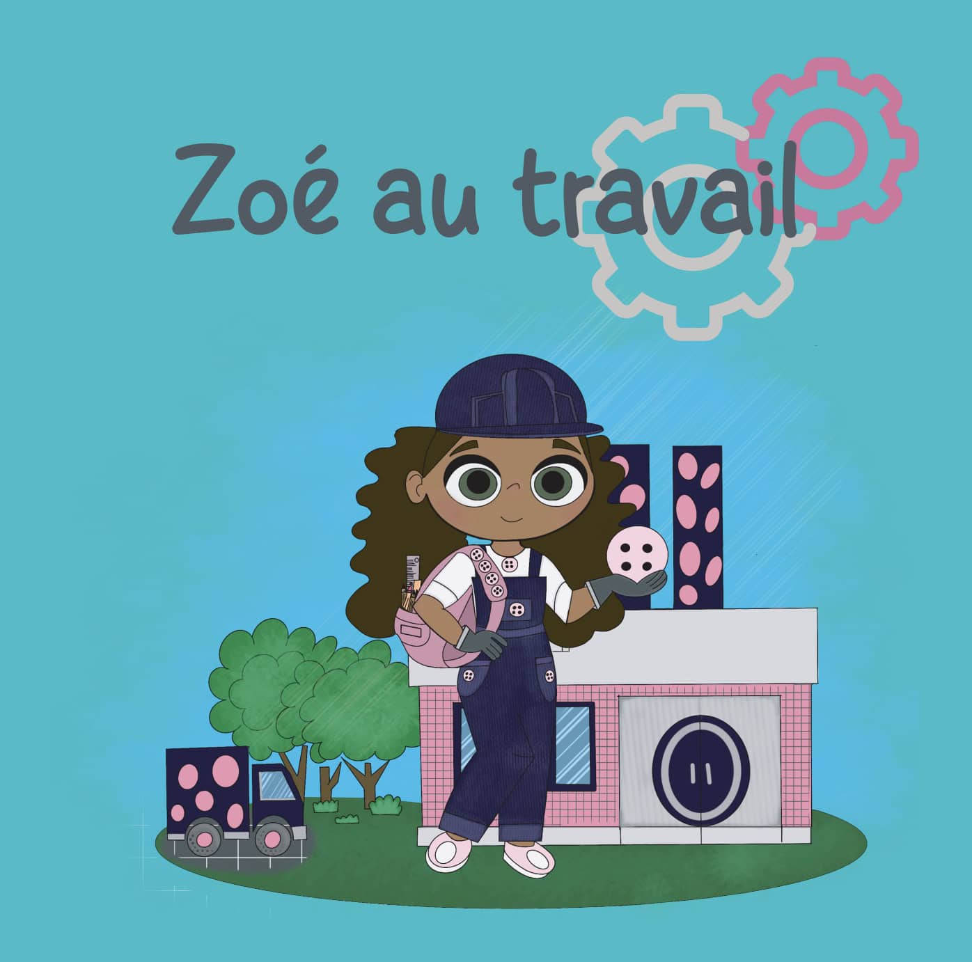 illustration d'une personne racialisée aux cheveux bruns bouclés portant une combinaison bleue, un chapeau bleu et un sac à dos rose. Derrière la personne, il y a un bâtiment rose, un mini camion noir et quelques arbres.