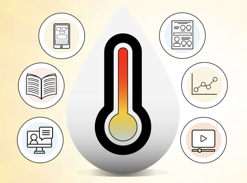 Image : Un thermomètre qui atteint la zone rouge est entouré d'icônes comprenant des livres, des vidéos, des graphiques et des documents.
