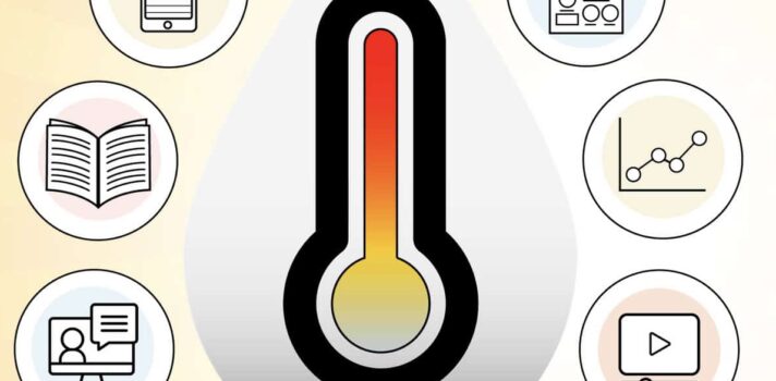 Image : Un thermomètre qui atteint la zone rouge est entouré d'icônes comprenant des livres, des vidéos, des graphiques et des documents.
