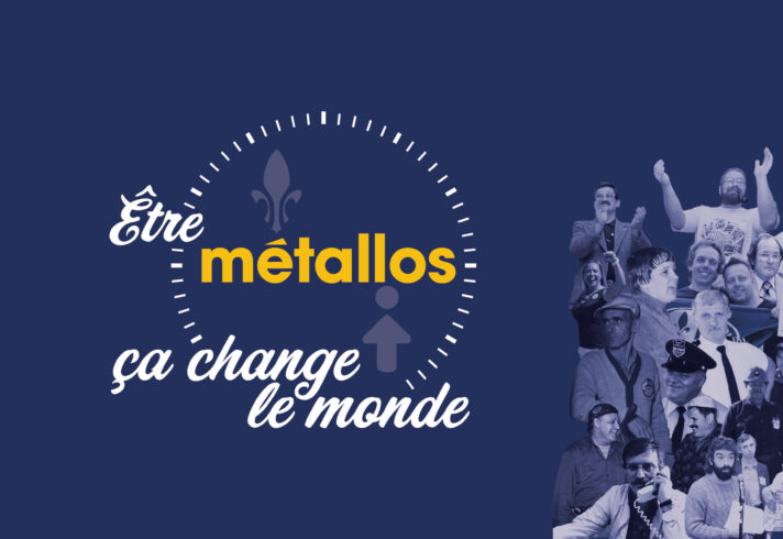 Banner for the 2024 Assemblée annuelle. It reads "Être métallos, ça change le monde [Steelworkers change the world]." To the right of the text is a blue-toned collage of Steelworkers.