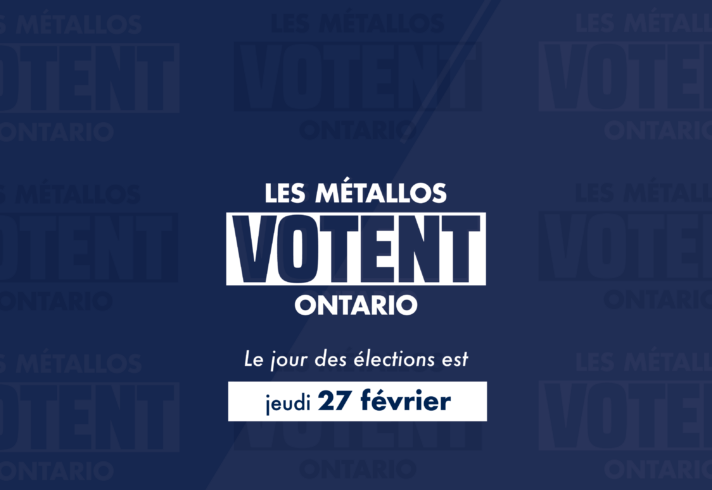 Une bannière bleue avec le logo du vote des métallurgistes et un texte indiquant : Jeudi 27 février