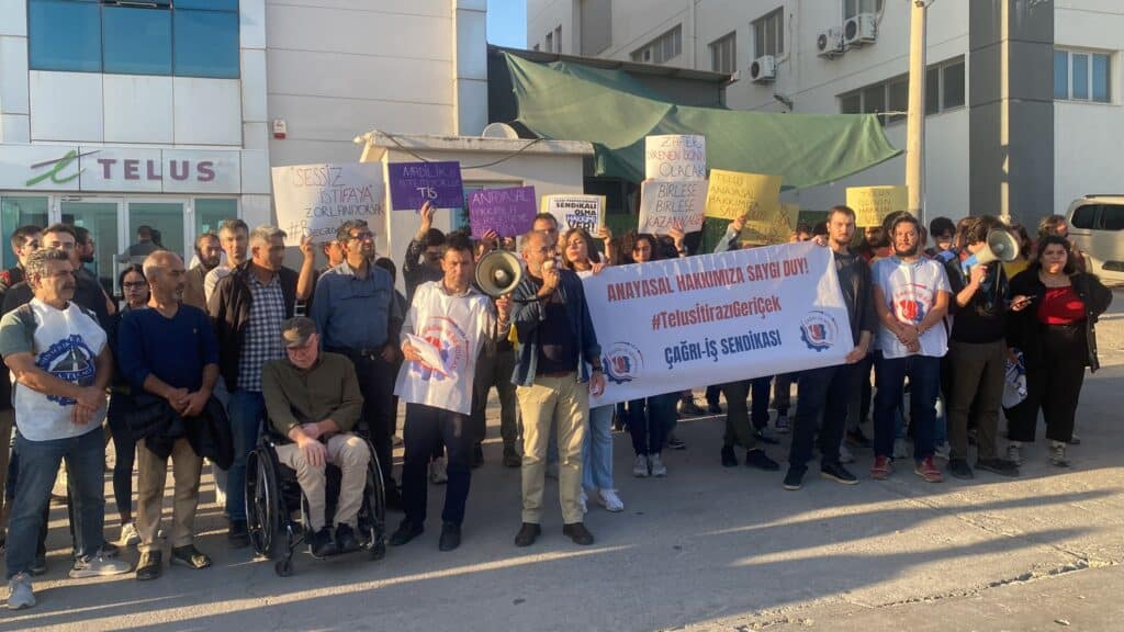 Supporters rallying for Telus workers outside the call centre in Turkey.